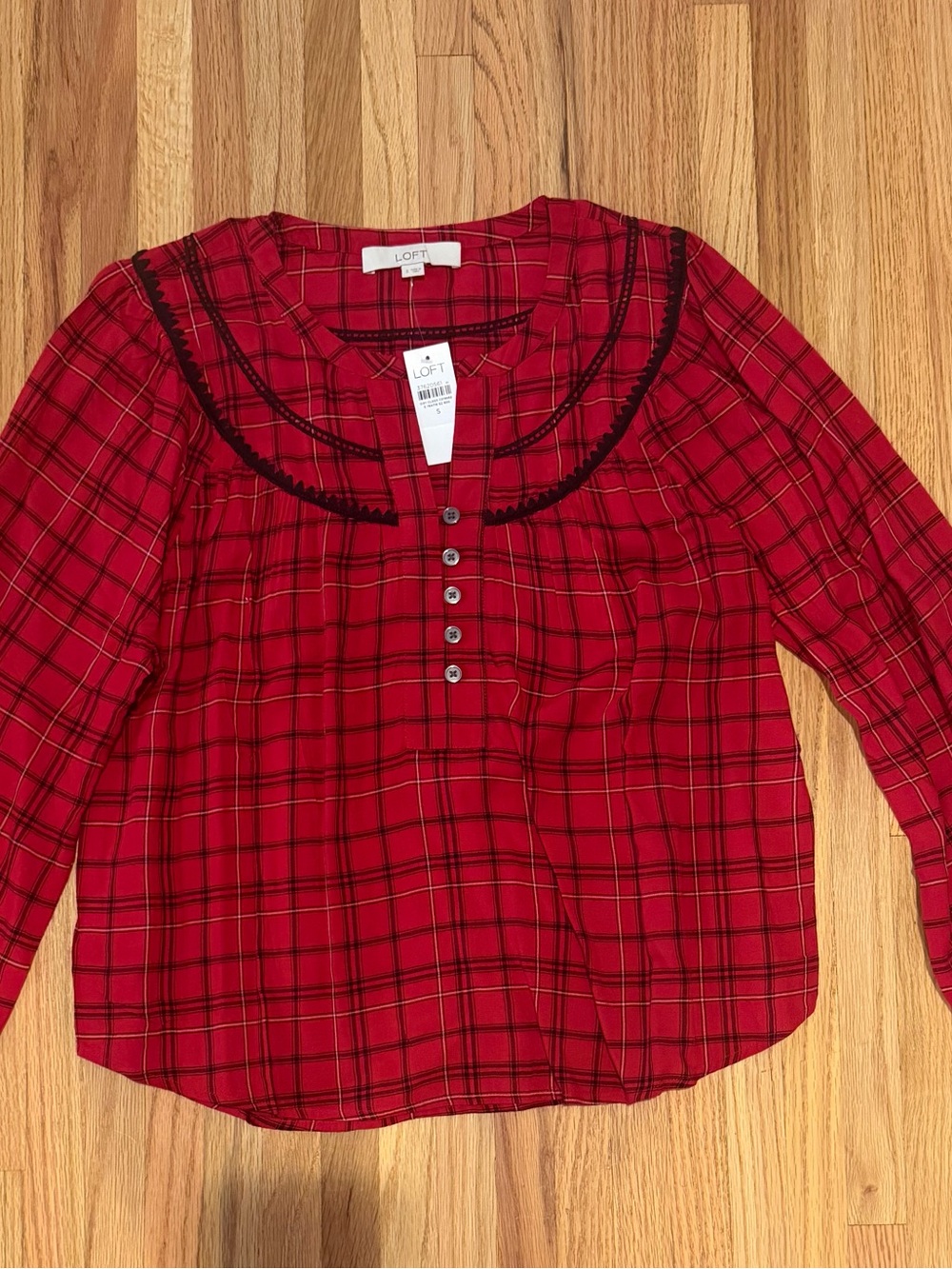 LOFT Red Plaid Henley Blouse with Black Trim